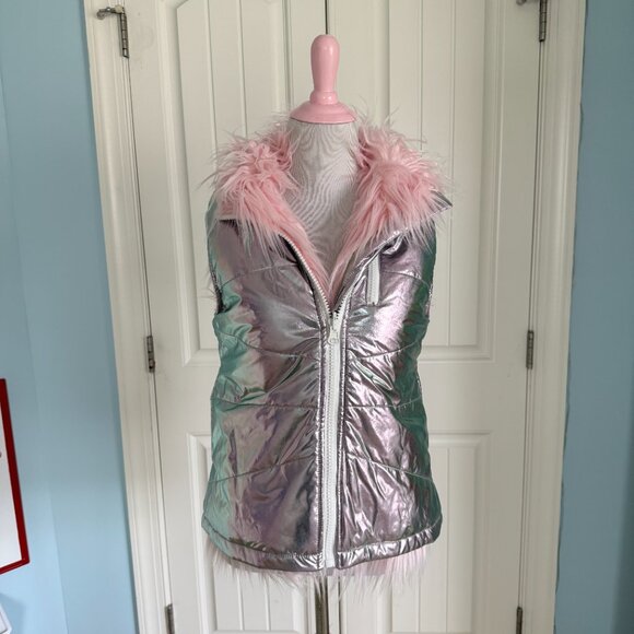 Dolls Kill Sugar Thrillz Reversible Pastel Pink Fur Shiny Silver Puffer Vest - Picture 8 of 14